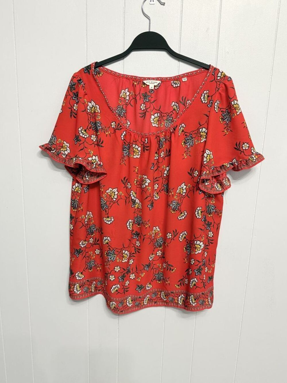 Max Studio London Red Floral Ruffle Sleeve Blouse 1X